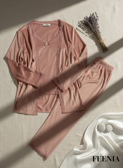Veloursy Kadife Üçlü Pijama Takımı